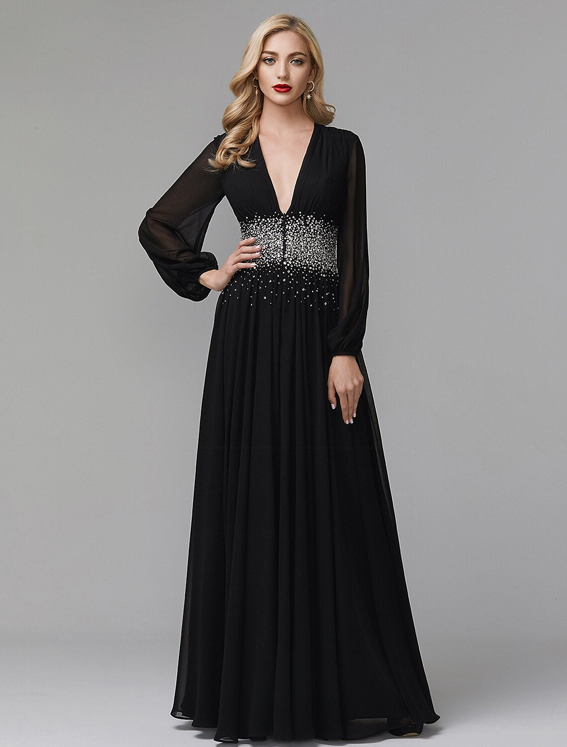 A-Linien-Abendkleid, Promi-Roter-Teppich-Kleid, formelles Partykleid, schwarze Krawatte, Hochzeitsgast, bodenlang, langärmlig, V-Ausschnitt, Chiffon mit Pailletten